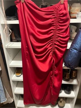 Free People Hot Red Ruched Satin Midi Skirt